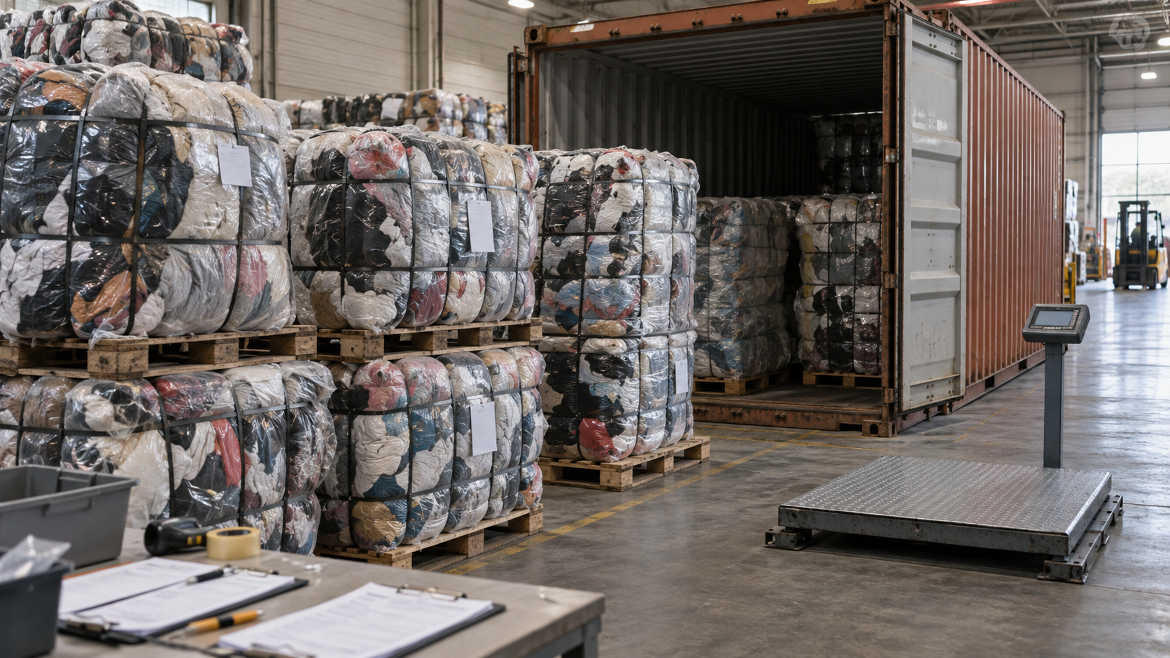 Illustratieve container en balen gebruikte kleding die gereed zijn voor verdere sortering