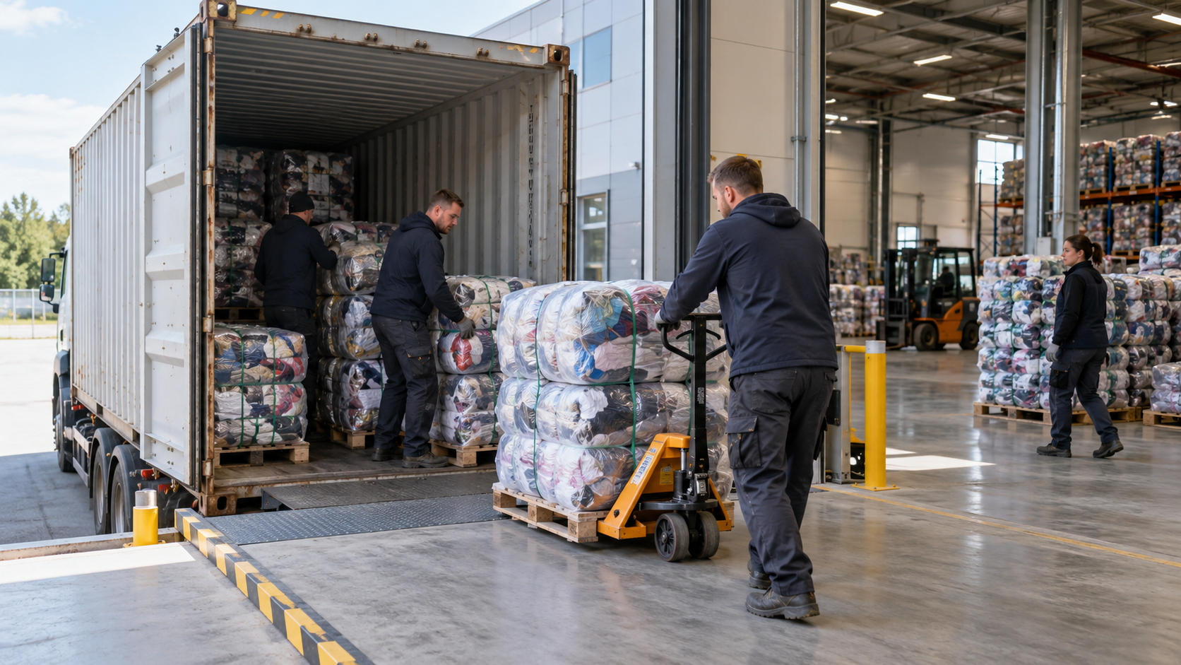 logistyka-importu-odziezy-uzywanej-01-hero Scarico di balle di abbigliamento usato da un container presso un impianto di selezione